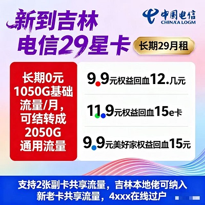 长期29元不涨价！吉林电信29星卡，稳定福利放心用