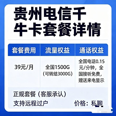 对比市场同类套餐，千牛卡39元性价比碾压 而贵州电信千牛卡，39元月租坐拥1500G全国通用流量，还有3000G结转流量福利